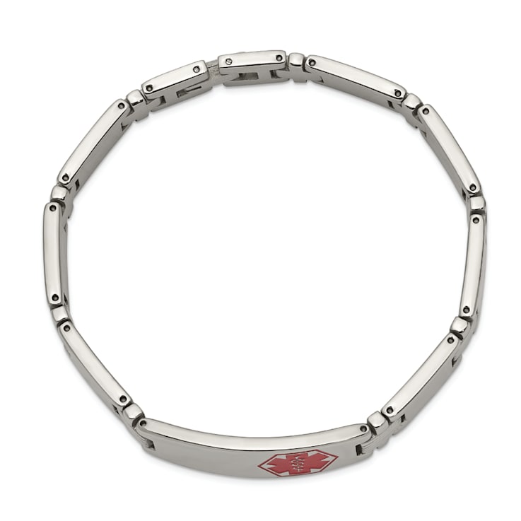 Stainless Steel Polished and Brushed Red Enamel 8.25-inch Medical ID Bracelet