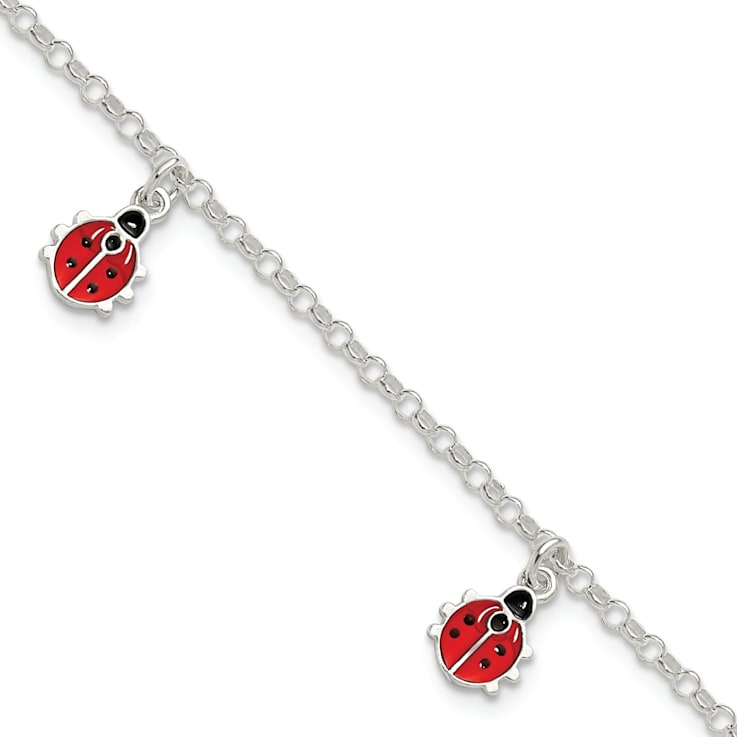 Sterling Silver Enamel Ladybugs with 1-inch Extension Children's Bracelet