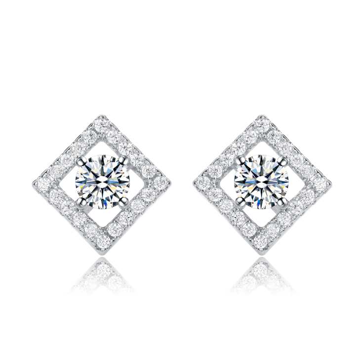 CZ Halo Stud Earrings In White Rhodium Over Brass