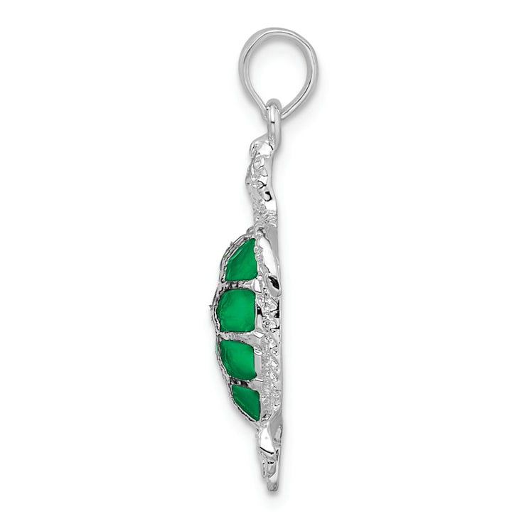Rhodium Over Sterling Silver Polished Enameled Green Sea Turtle Pendant