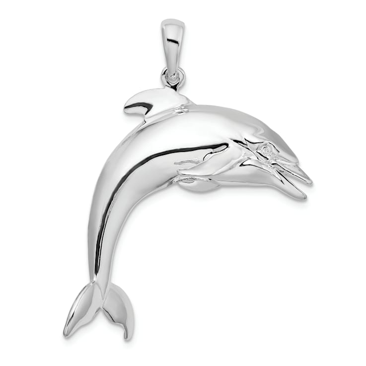 Rhodium Over Sterling Silver Polished 3D Jumping Dolphin Pendant