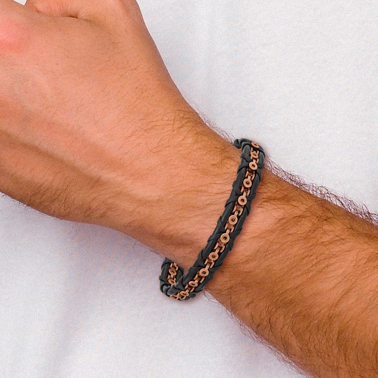 Black Leather and Stainless Steel Antiqued and Polished Rose IP-plated
8.5-inch Bracelet