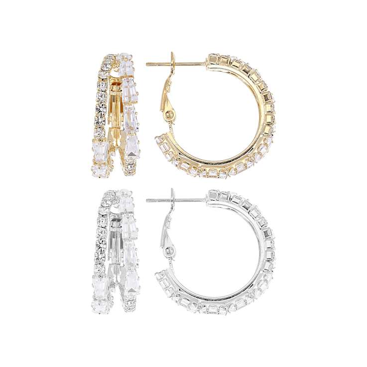 White Crystal Double Hoop Earring Set Of 2 In Gold And Silver Tone