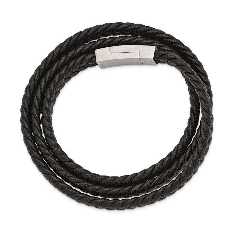 Black Braided Leather and Stainless Steel Brushed 23-inch Wrap Bracelet