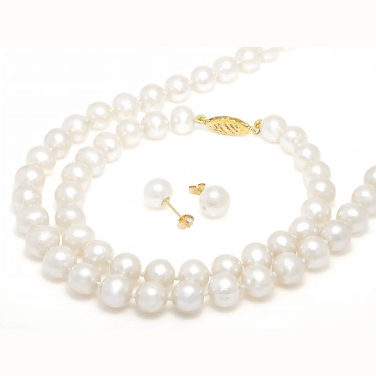 7-7.5mm White Cultured Freshwater Pearl 14k Yellow Gold Jewelry Set