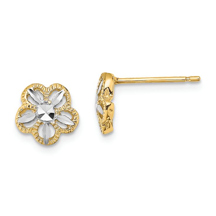 14k Two-tone 7.9mm Diamond-Cut Flower Stud Earrings