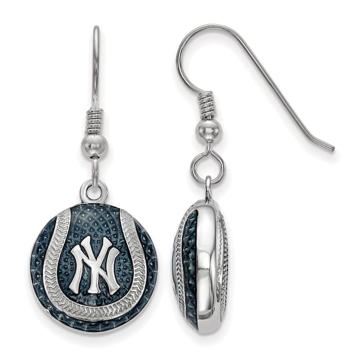 Rhodium Over Sterling Silver MLB LogoArt New York Yankees Enamel Earrings