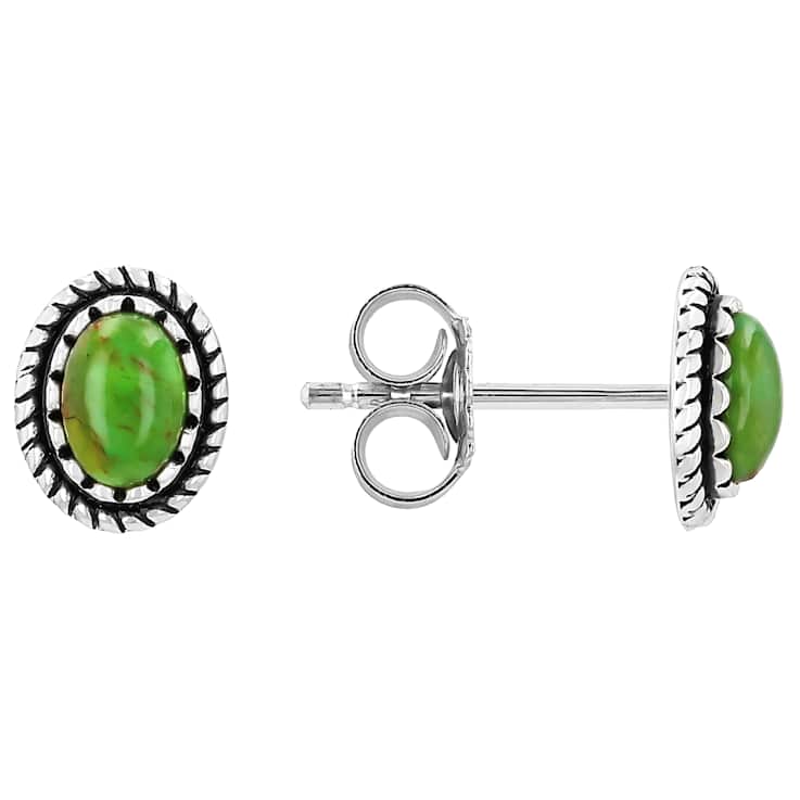 Coral, Green And Blue Turquoise Sterling Silver Stud Earring Set Of 3