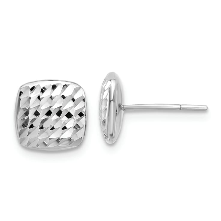 Rhodium Over 14k White Gold 8.6mm Diamond-Cut Square Stud Earrings