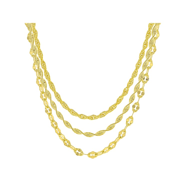 Herringbone, Mirror And Rope Chain Necklace Set In 18K Gold Over Bronze
