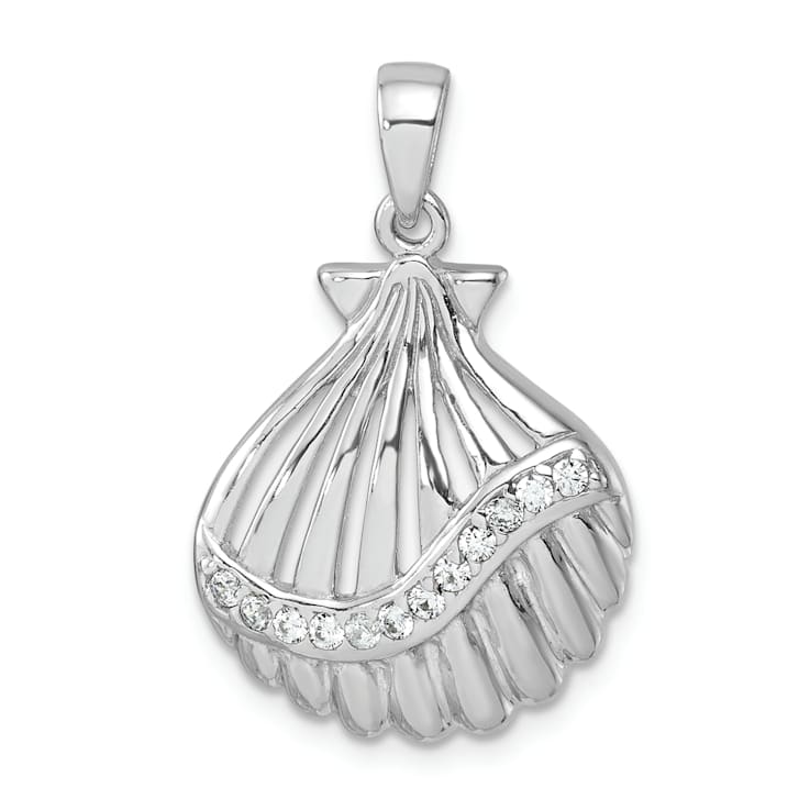 Rhodium Over Sterling Silver Polished Cubic Zirconia Scallop Shell Pendant