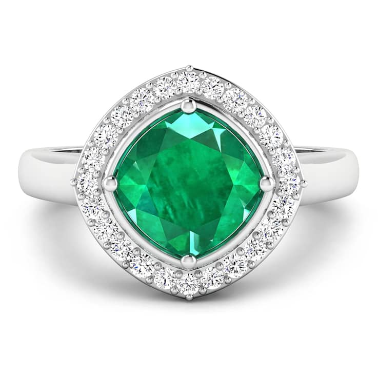 Cushion Cut Green Emerald and White Diamond 14K White Gold Halo Ring
2.31 ctw