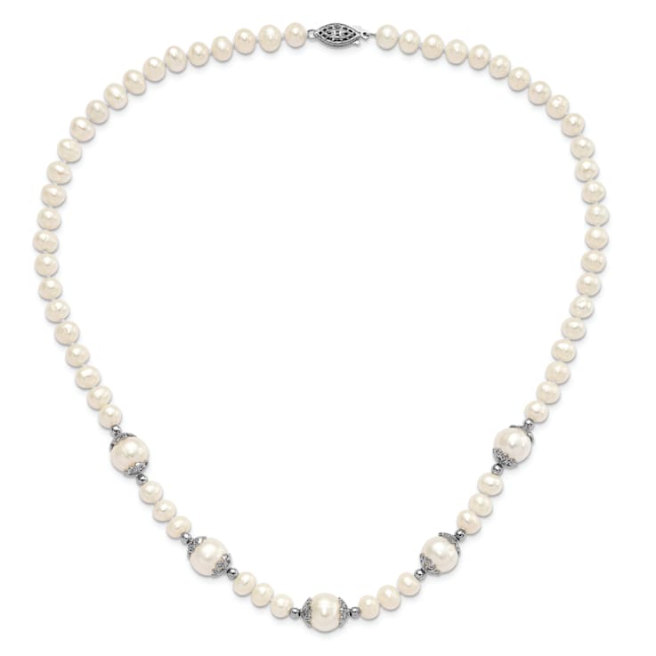 Rhodium Over Sterling Silver 6-9mm Freshwater Cultured Pearl 5-station Necklace