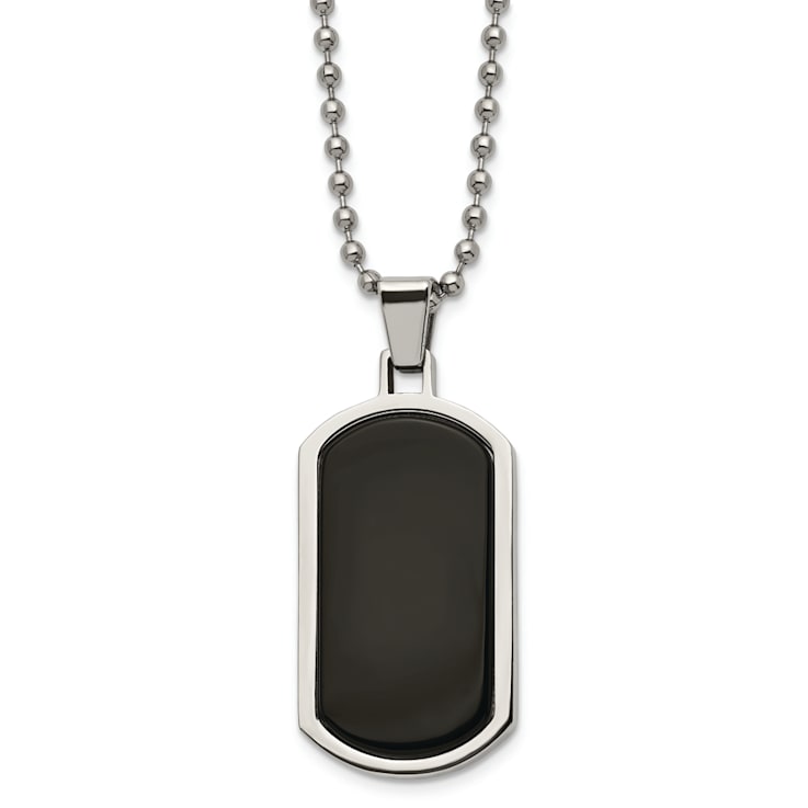 Stainless Steel Polished with Black Agate Inlay 22-inch Dog Tag Necklace