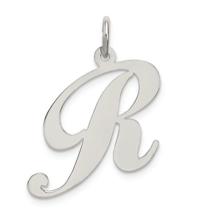 Rhodium Over Sterling Silver Fancy Script Letter R Initial Charm