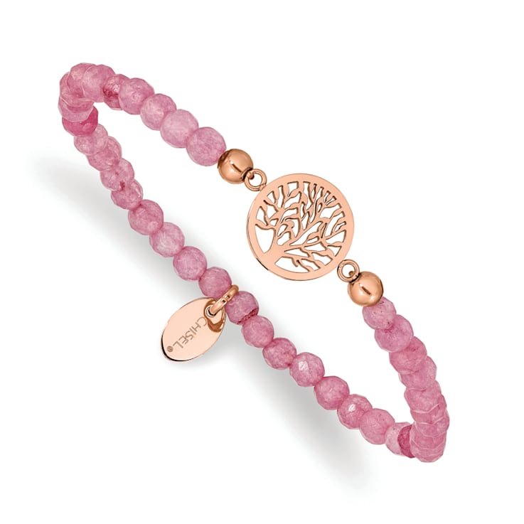 Rose Stainless Steel Polished Tree of Life Red Jade Stretch Bracelet
