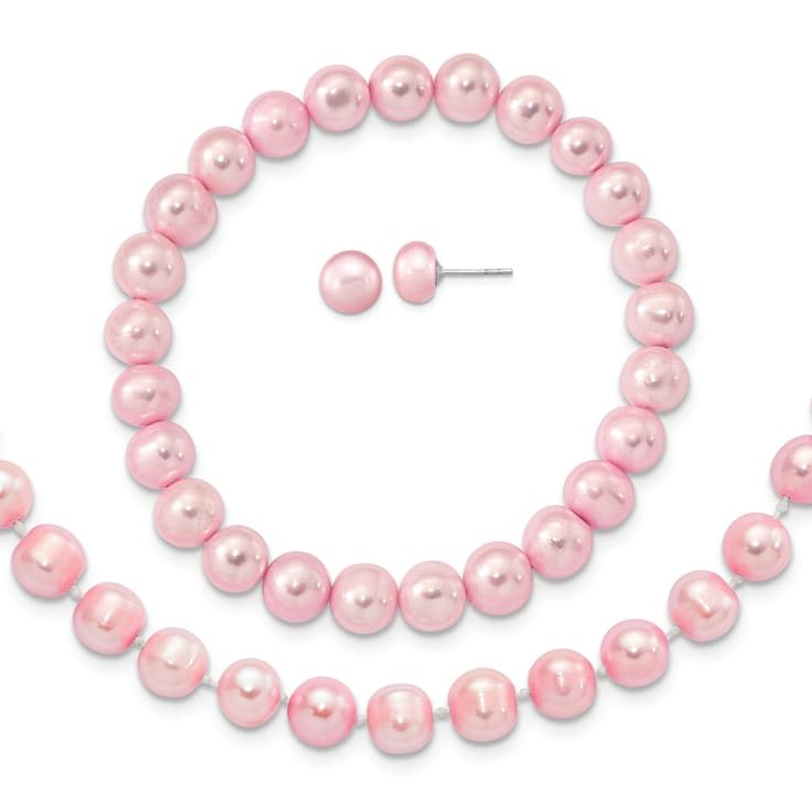 Rhodium Over Sterling Silver 7-8mm Pink Freshwater Pearl Earring
Bracelet Necklace Set