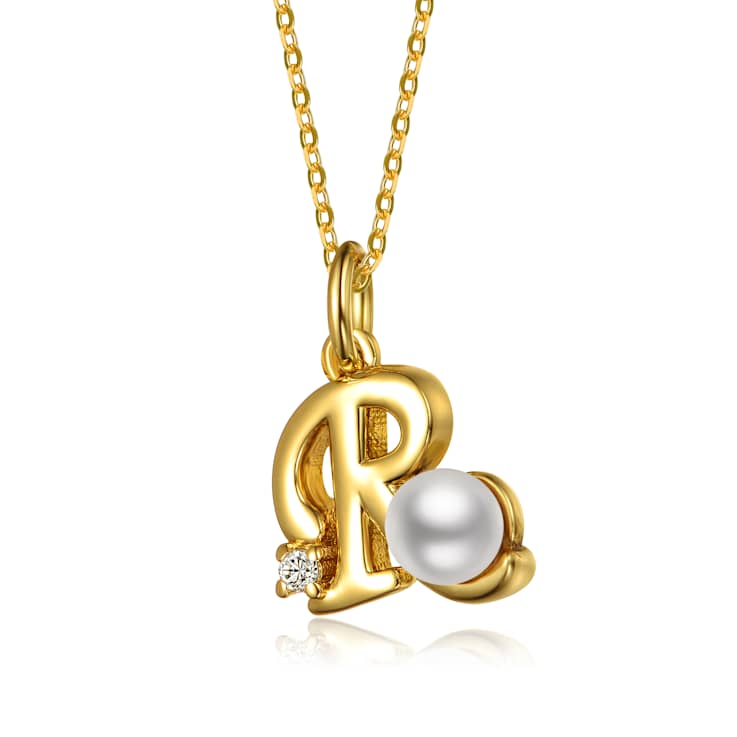 Initial R Pearl And CZ Pendant Necklace In 14K Gold Over Brass