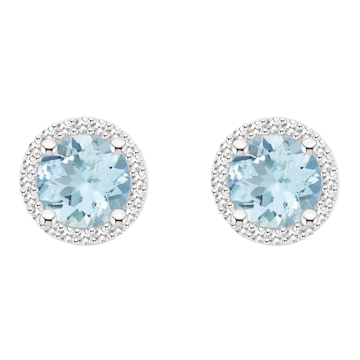 6mm Round Aquamarine 1/5 ctw Diamond Rhodium Over Sterling Silver Halo
Stud Earrings