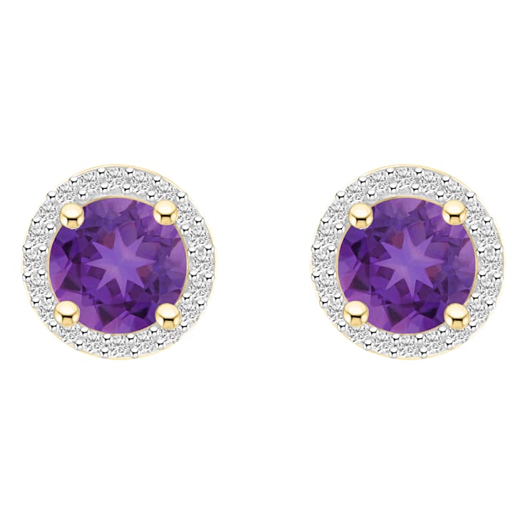 6mm Round Amethyst And Created White Sapphire 10k Yellow Gold Halo Stud Earrings