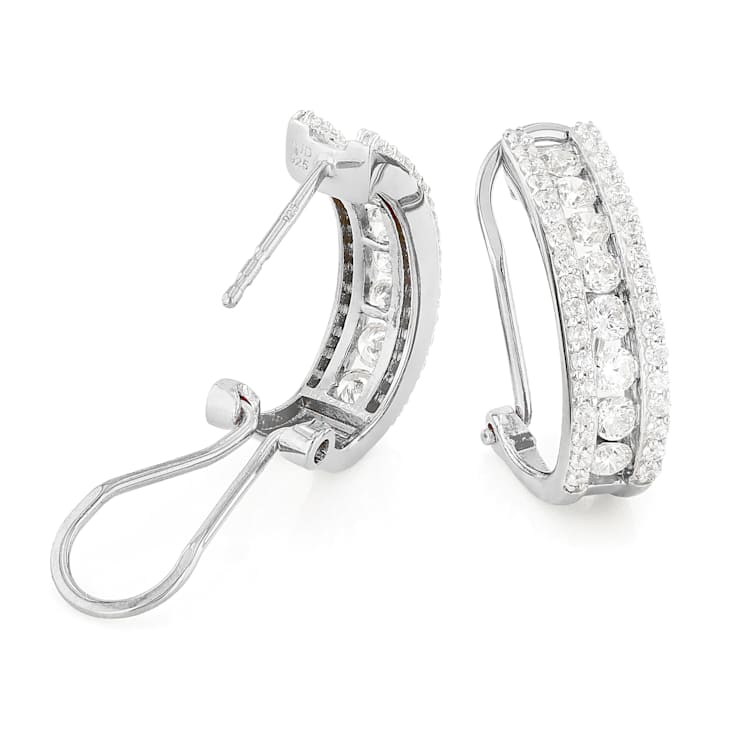 Round CZ J-Hoop Earrings In Sterling Silver