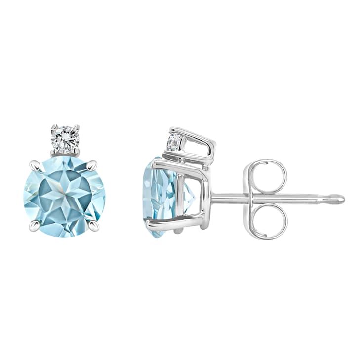 5mm Round Aquamarine with Diamond Accents 14k White Gold Stud Earrings