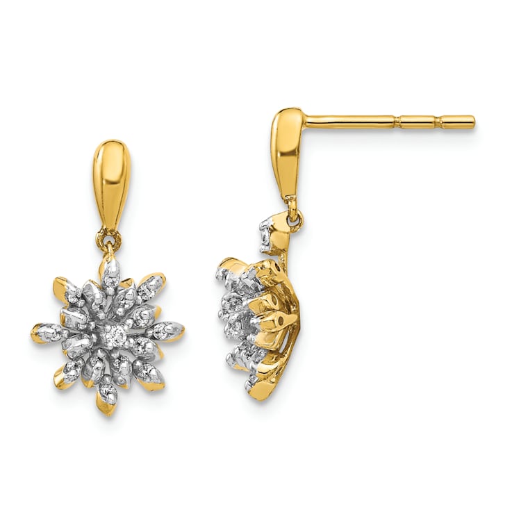 14K Yellow Gold and Rhodium Over 14K Gold Diamond Flower Post Dangle Earrings