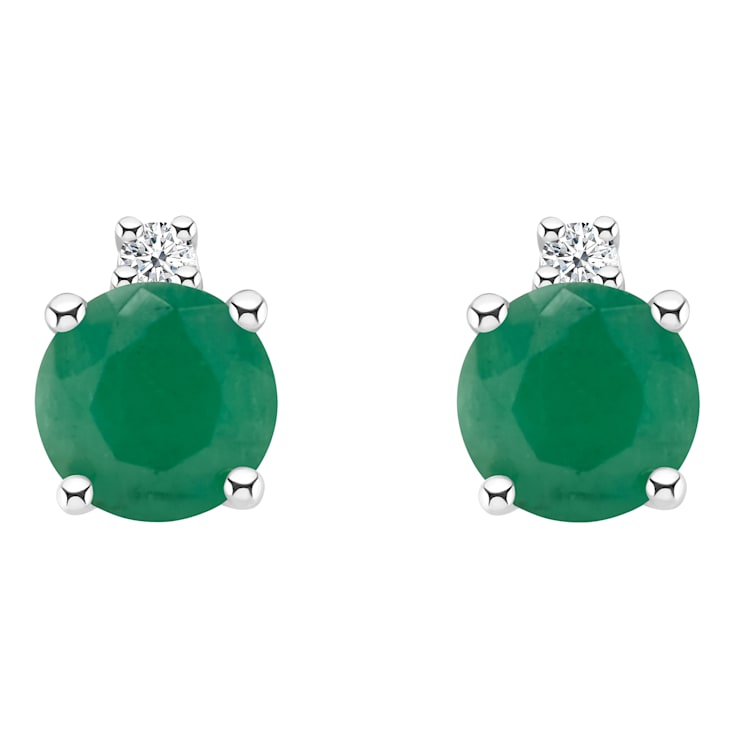 4mm Round Emerald with Diamond Accents 14k White Gold Stud Earrings