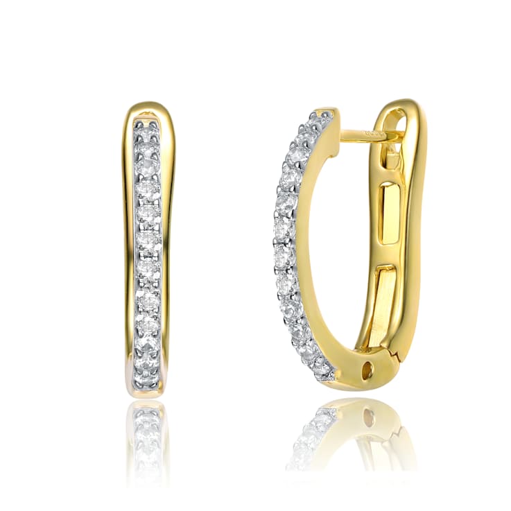 Pave CZ U-Shaped Hoop Earrings In 14K Gold Over Brass