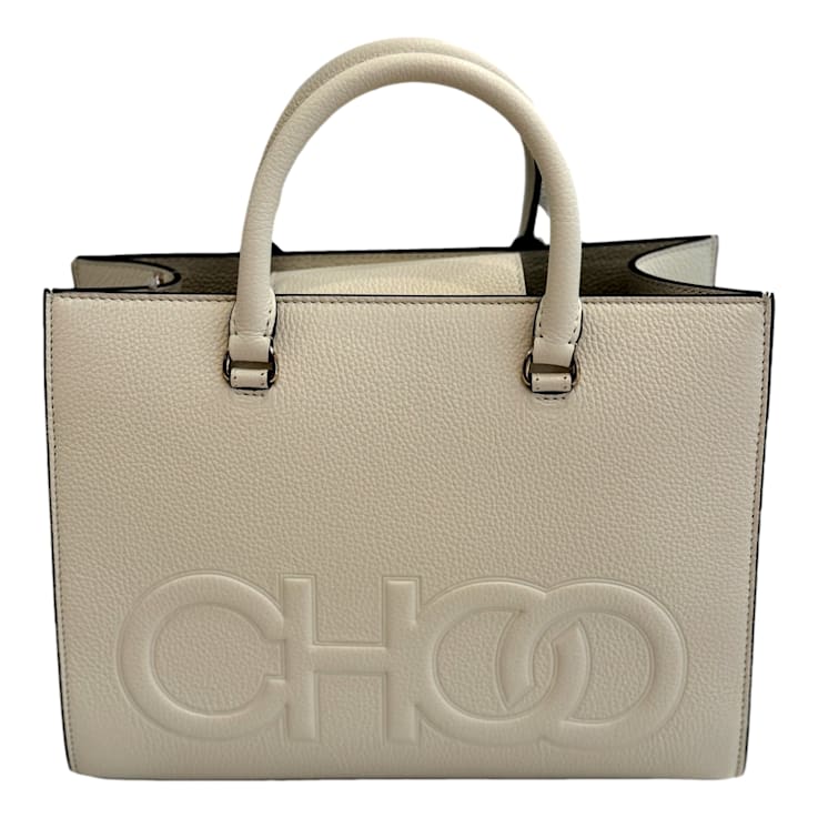 Jimmy Choo Book Medium Tote Crossbody Bag Embossed Ivory Grain Leather 14KSRA