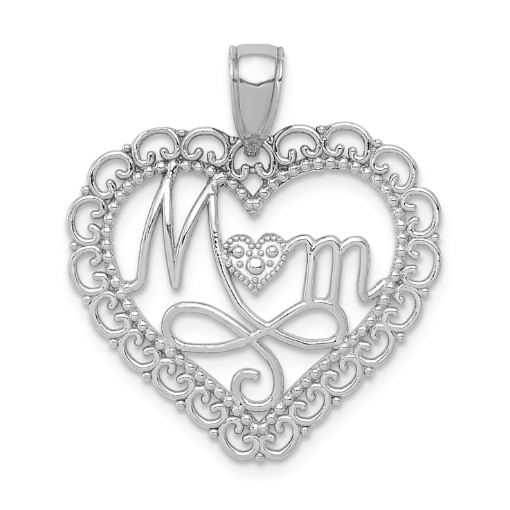 Rhodium Over 14k White Gold Polished and Textured Mom Scallop Heart Pendant