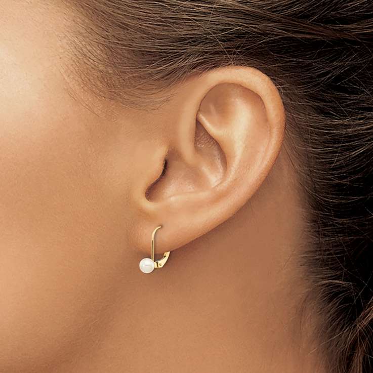 10k Yellow Gold 4-5mm White Round Freshwater Cultured Pearl Dangle Earrings