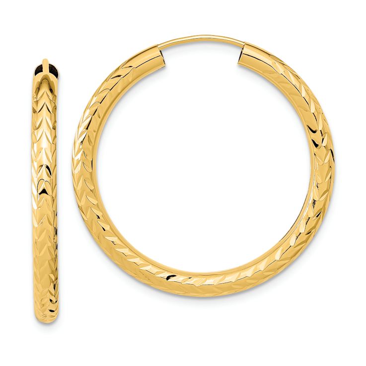 14k Yellow Gold 1 3/16" Polished and Diamond-Cut Endless Hoop Earrings