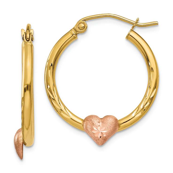 14k Yellow Gold and 14k Rose Gold Satin and Diamond-Cut 7/8" Heart
Hoop Earrings