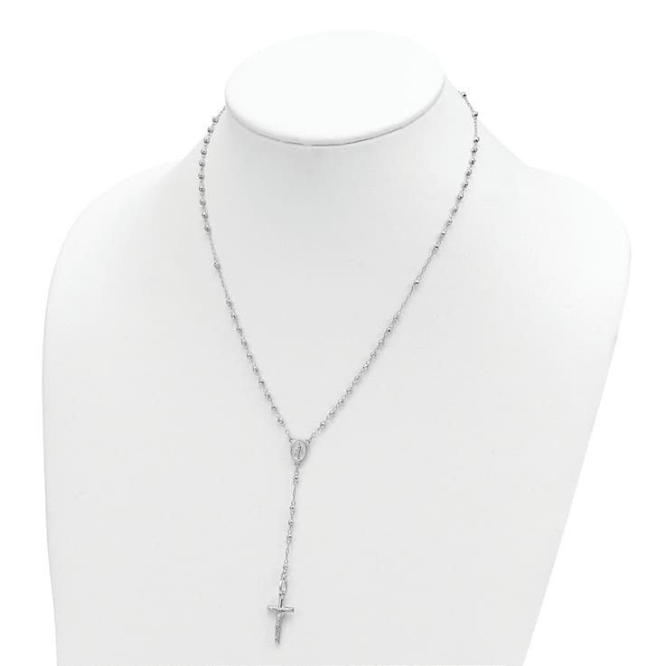 Rhodium Over 14K White Gold Polished Faceted Beads Rosary 18-inch Necklace