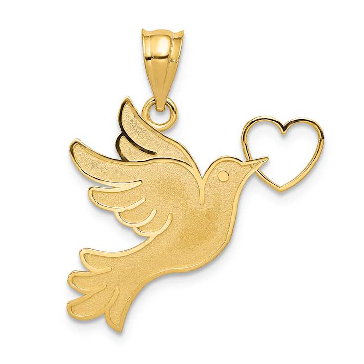 14k Yellow Gold Brushed Dove with Heart Pendant