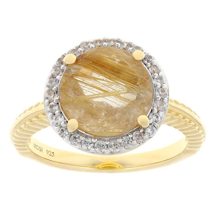 Golden Rutilated Quartz And White Zircon Ring In 18K Gold Over Sterling
Silver 3.73ctw