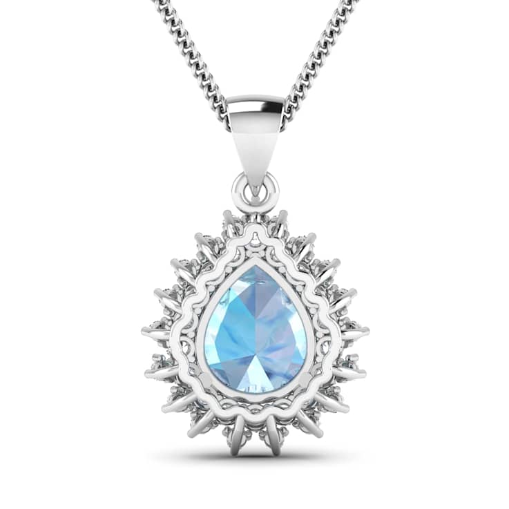 2.30ctw 14K White Gold Pear  Aquamarine and White Diamond Pendant with
18 inch Cable Chain
