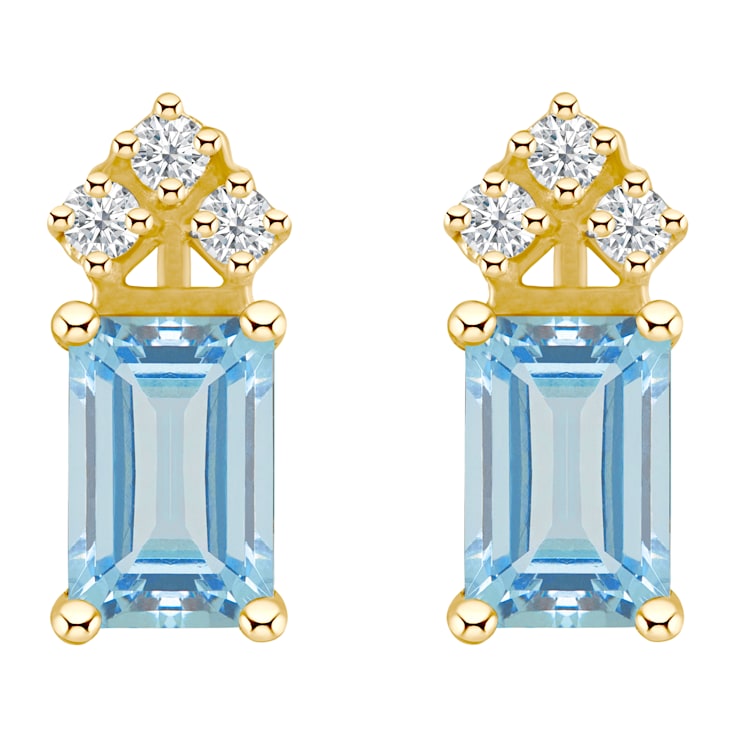 6x4mm Emerald Cut Aquamarine with Diamond Accents 14k Yellow Gold Stud Earrings