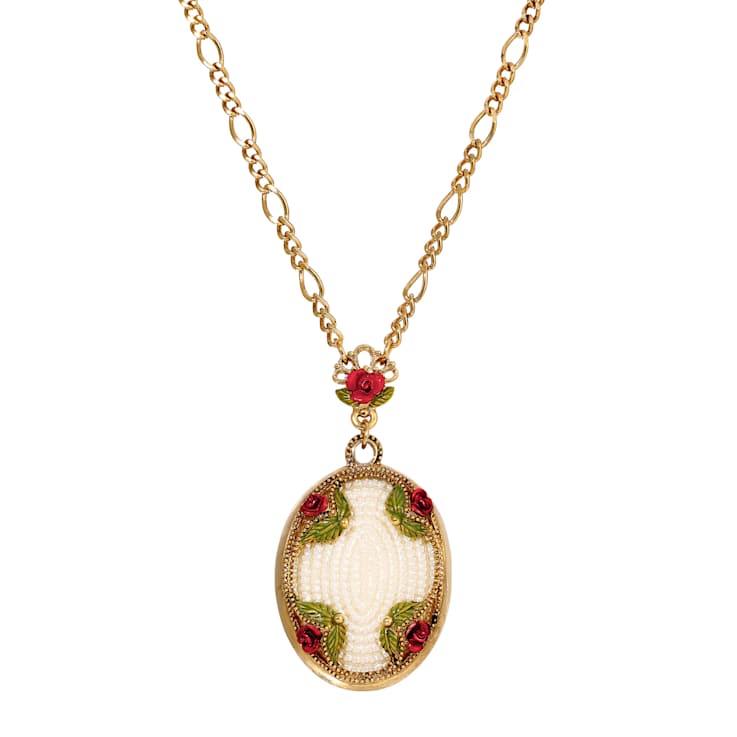 Yellow Base Metal Faux Pearl Red Flower Oval Pendant Necklace 30"