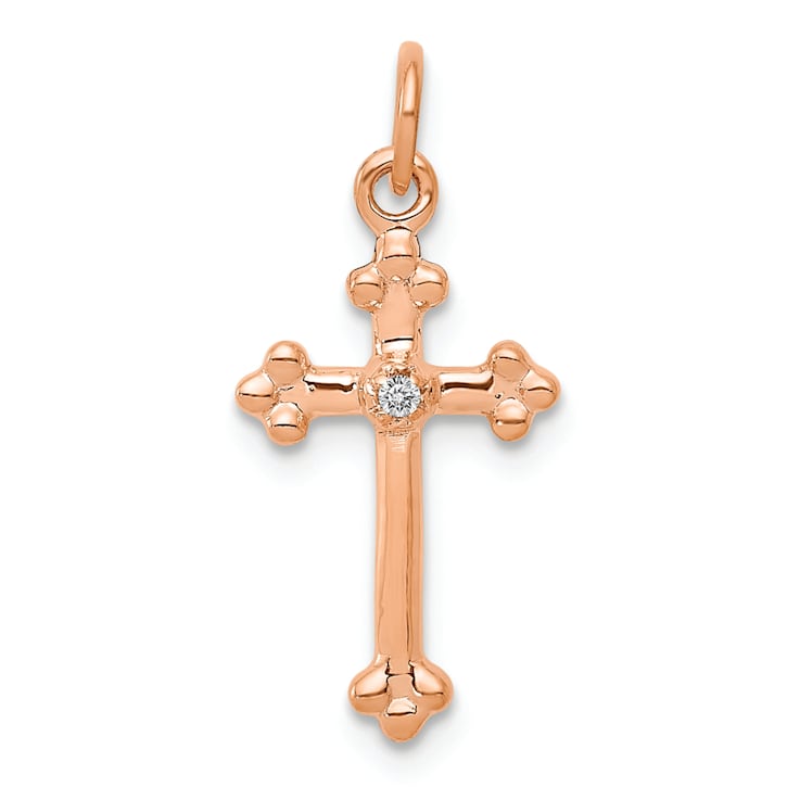 14K Rose Gold Small Diamond Budded Cross Pendant