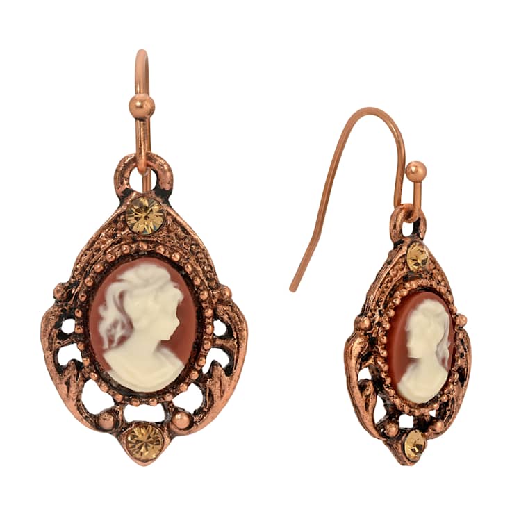 Copper Tone Carnelian Oval Cameo Topaz Crystal Earrings