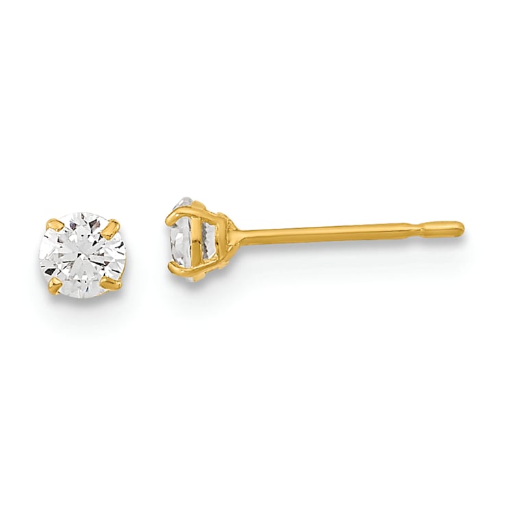 14K Yellow Gold 3mm Round Cubic Zirconia Basket Set Stud Earrings