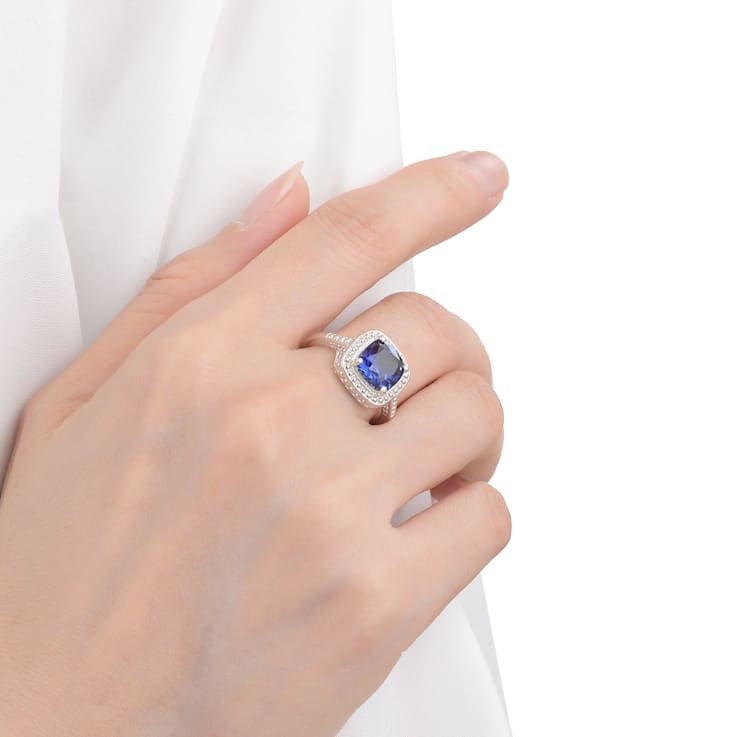 Blue Lab Created Sapphire Square Cushion Rhodium Over Sterling Silver
Solitaire Beaded Halo Ring