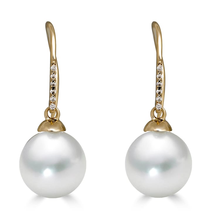 14KY 8mm  Cultured Pearl Dangling 0.034 ctw Diamond Earrings