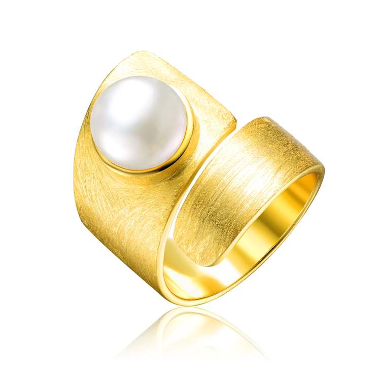 Pear Shape Freshwater Pearl Cuff Ring In 14K Gold Over Sterling Silver