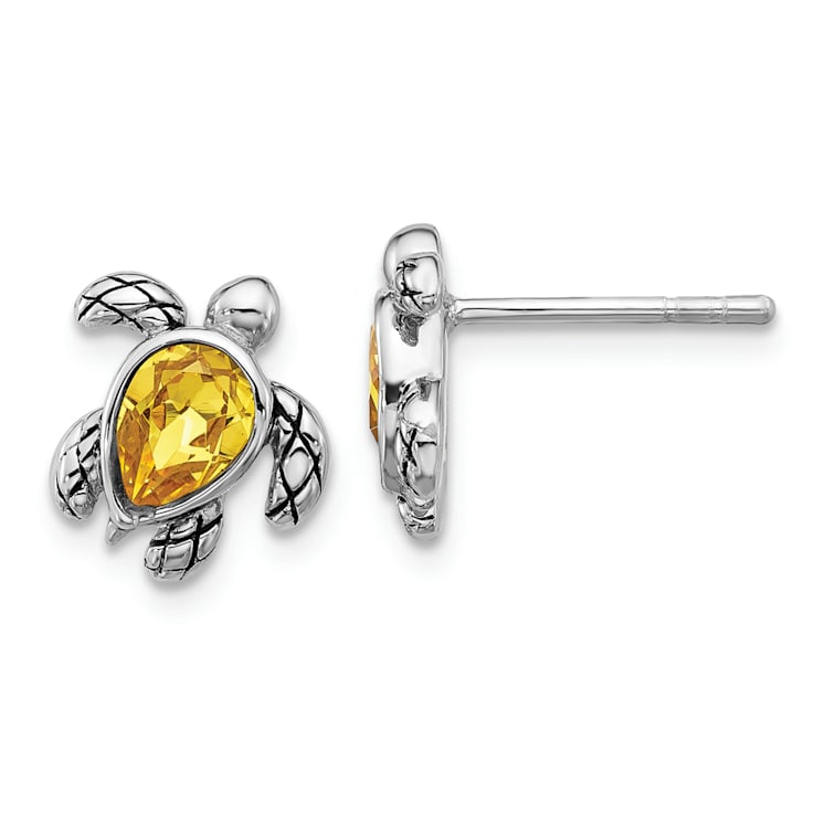 Rhodium Over Sterling Silver Antiqued Crystal November Birthstone Turtle Earrings