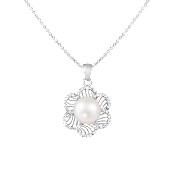 9-10mm Button White Cultured Freshwater Pearl and CZ Rhodium Over
Sterling Silver Pendant