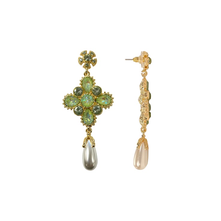 Gold Tone Green AB Crystal with Pearl Drop Earring