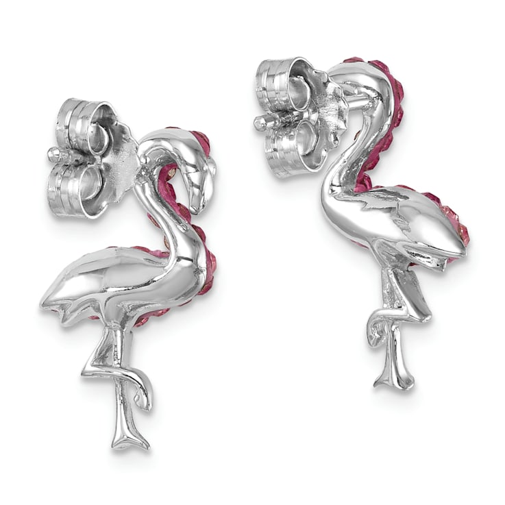 Rhodium Over Sterling Silver Polished Pink Crystal Flamingo Post Earrings